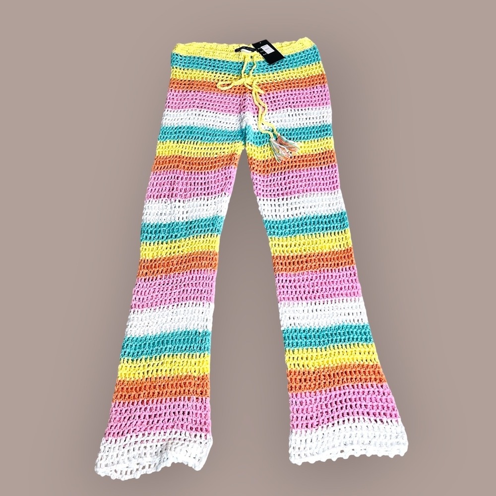 Hot & Delicious Crochet Rainbow Halter Top + Flare Pants Set L Festival Y2K - Picture 8 of 9